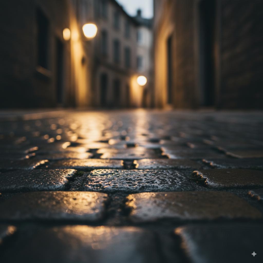 Eine Nahaufnahme von dunklem, historischem Kopfsteinpflaster, das im Licht einer Laterne glänzt.