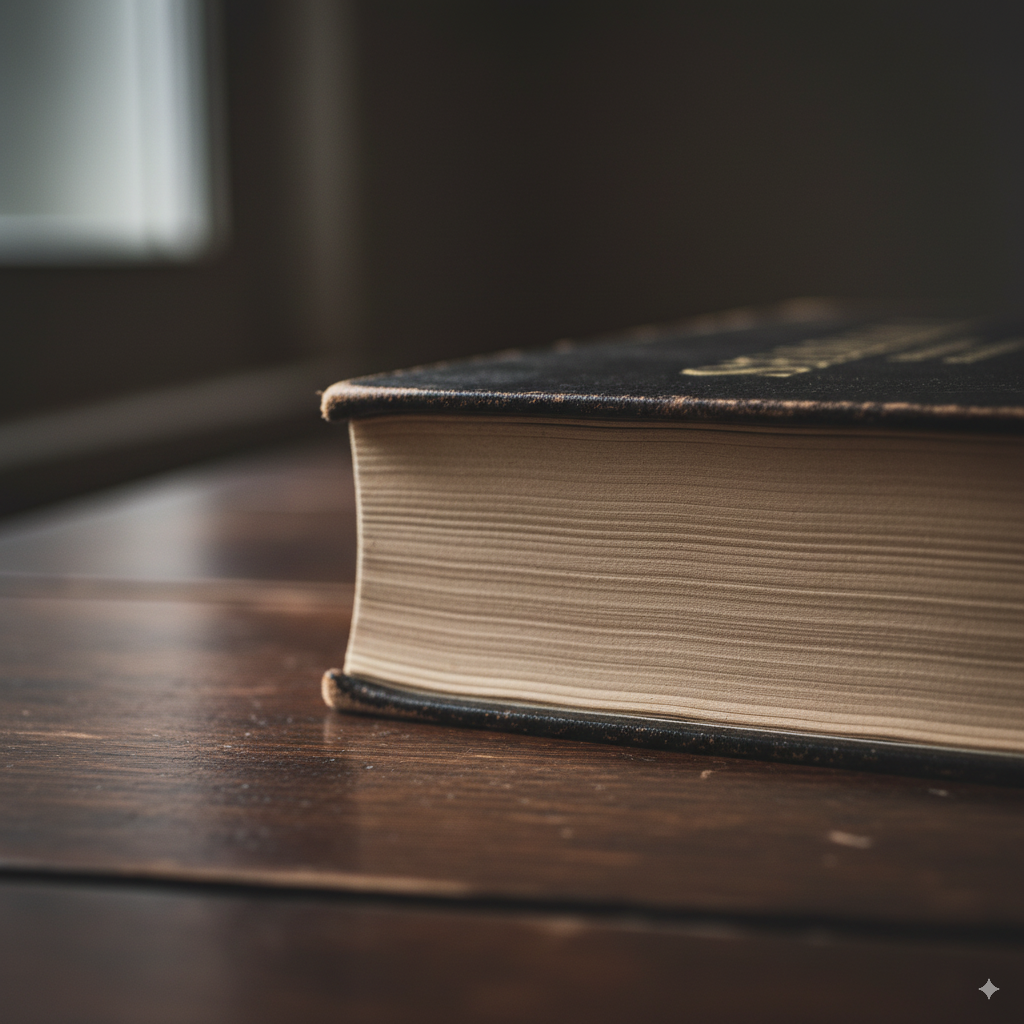 Die Ecke eines alten, gebundenen Buches mit cremefarbenen Seiten in stimmungsvollem Licht.