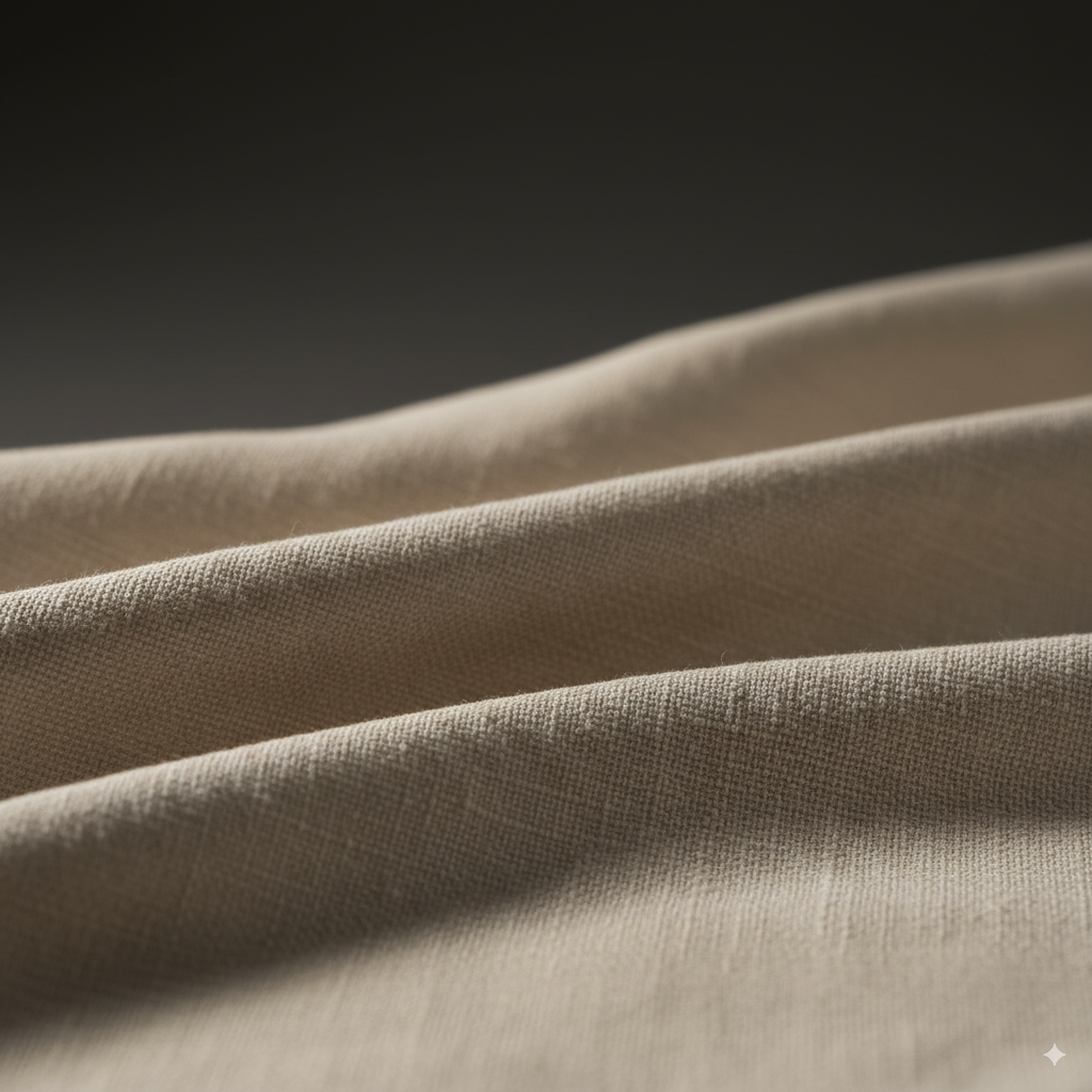 Eine minimalistische Nahaufnahme eines cremefarbenen Leinenstoffs mit sichtbarer Textur.