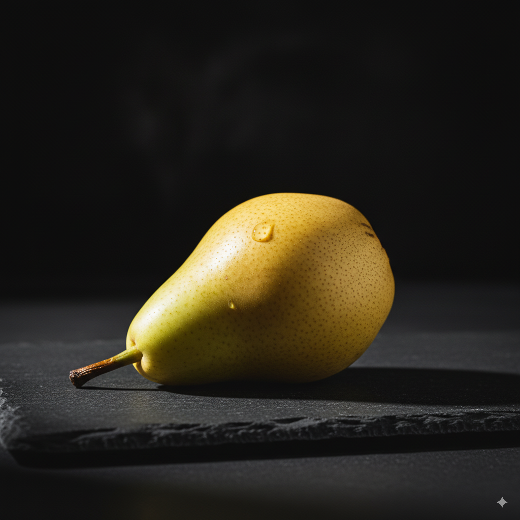 Eine einzelne, perfekte Birne auf einem dunklen Schieferteller, im Stil eines Stilllebens.