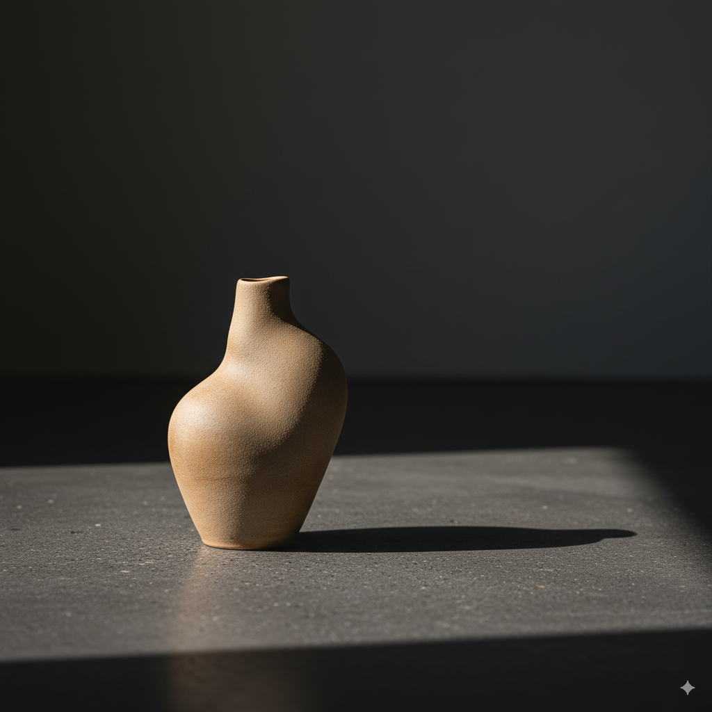 Eine skulpturale, beigefarbene Keramikvase auf einer dunklen Betonoberfläche.