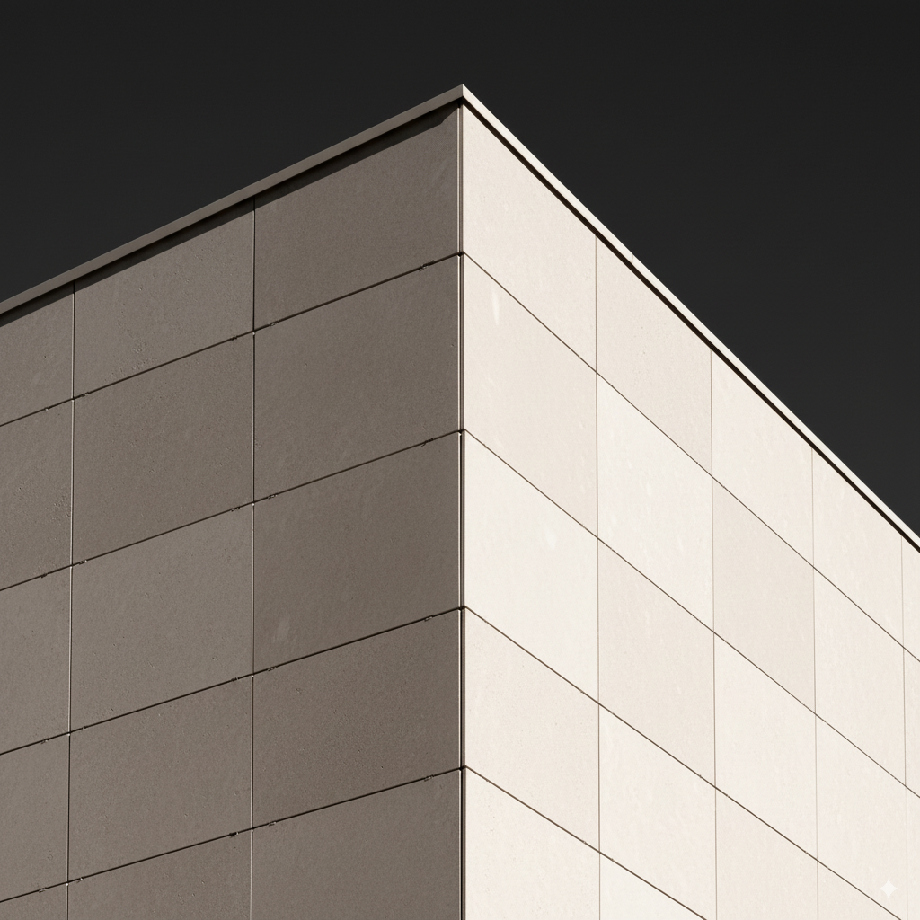 Die klare, architektonische Ecke eines modernen, beigefarbenen Steingebäudes.