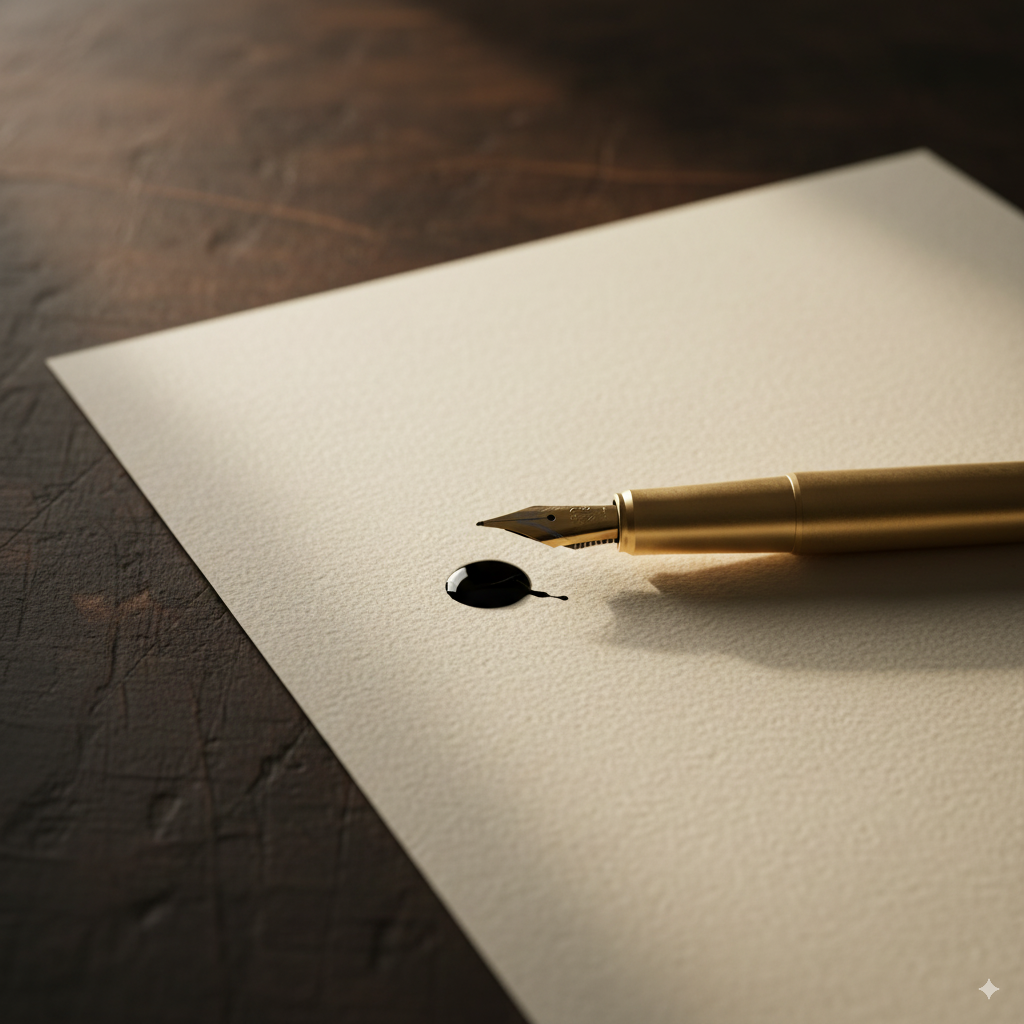 Ein minimalistischer Füllfederhalter und ein Tintentropfen auf einem Bogen cremefarbenen Papiers.