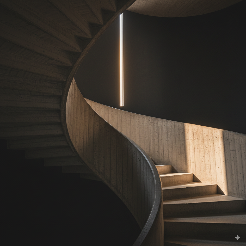 Eine minimalistische, brutalistische Betontreppe, die spiralförmig nach oben führt.